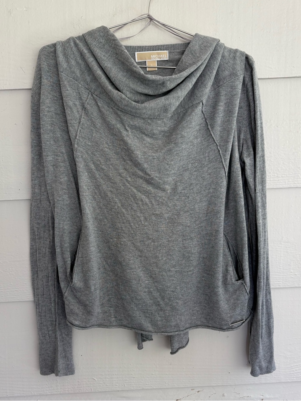 Michael Kors Gray Draped Cowl Neck Cardigan Sweater Large Minimalist Fall